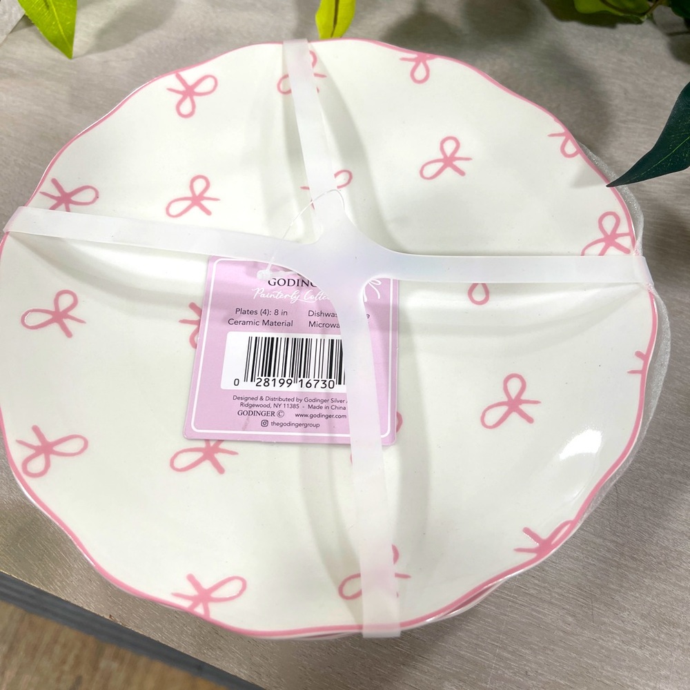 Pink Bow Ribbon 8inch Ceramic Appetizer Dessert Plates Set of 4 Coquette NWT